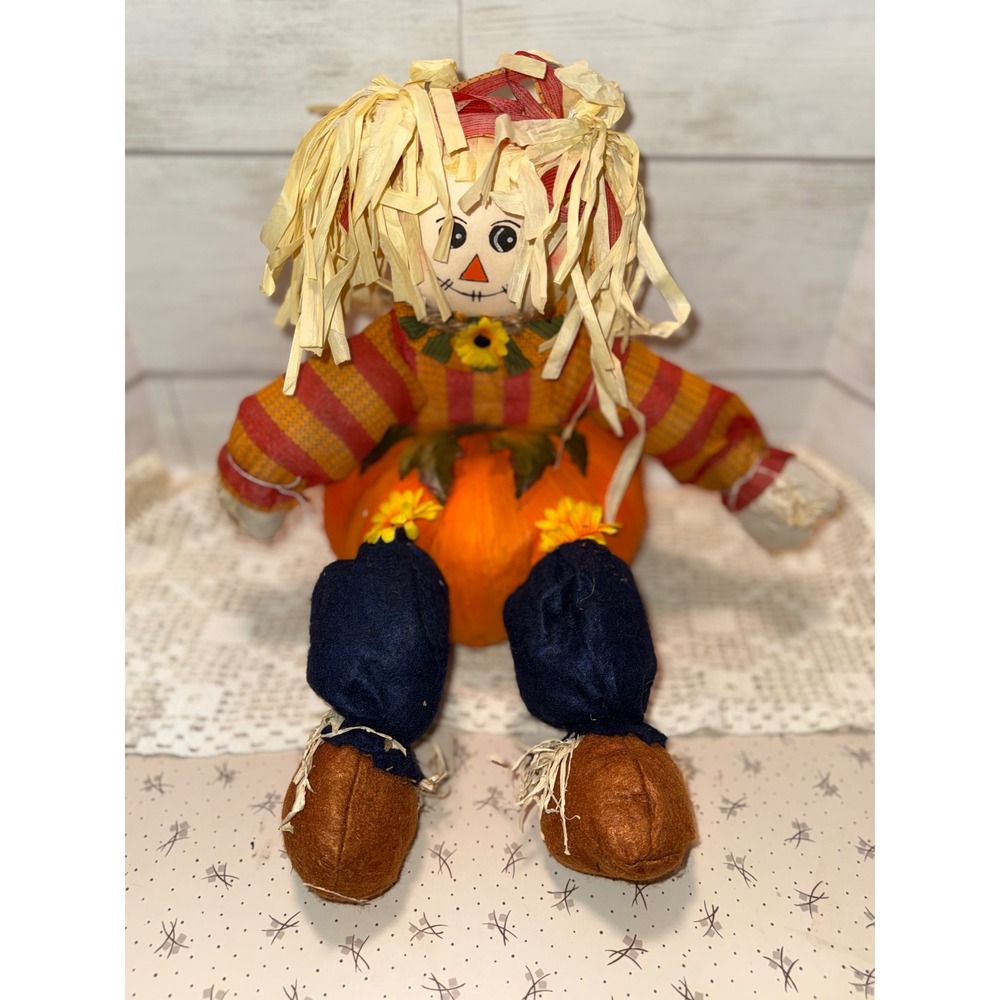 Harvest Scarecrow on Pumpkin Shelf Sitter Fall Decor Thanksgiving Sunflower 12in